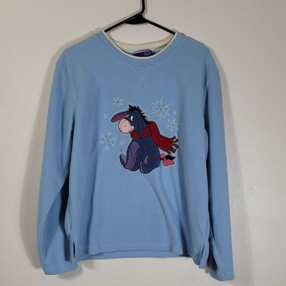 Disney Eeyore Sweatshirt L Blue Fleece Winnie the Pooh Christmas 90s Y2K Cozy - Picture 1 of 10